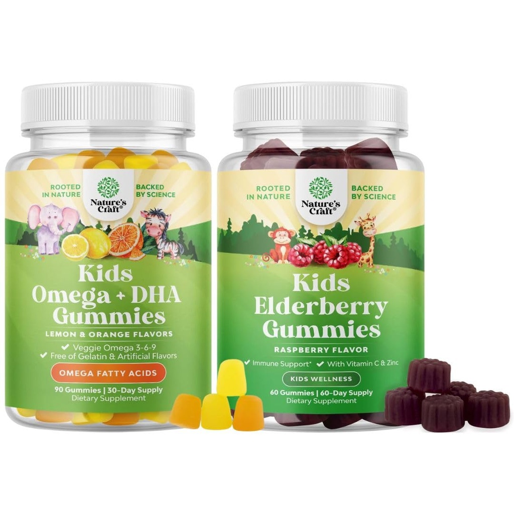 Bundle of Kids DHA אומגה 3 חניכיים - דגים חינם עם Vegetarian 6 9 for Vision Brain & Immunity ו Sambucus Elderberry Gummies לילדים - Black Elderberry עם Zinc & ויטמין C עבור Immune תמיכה