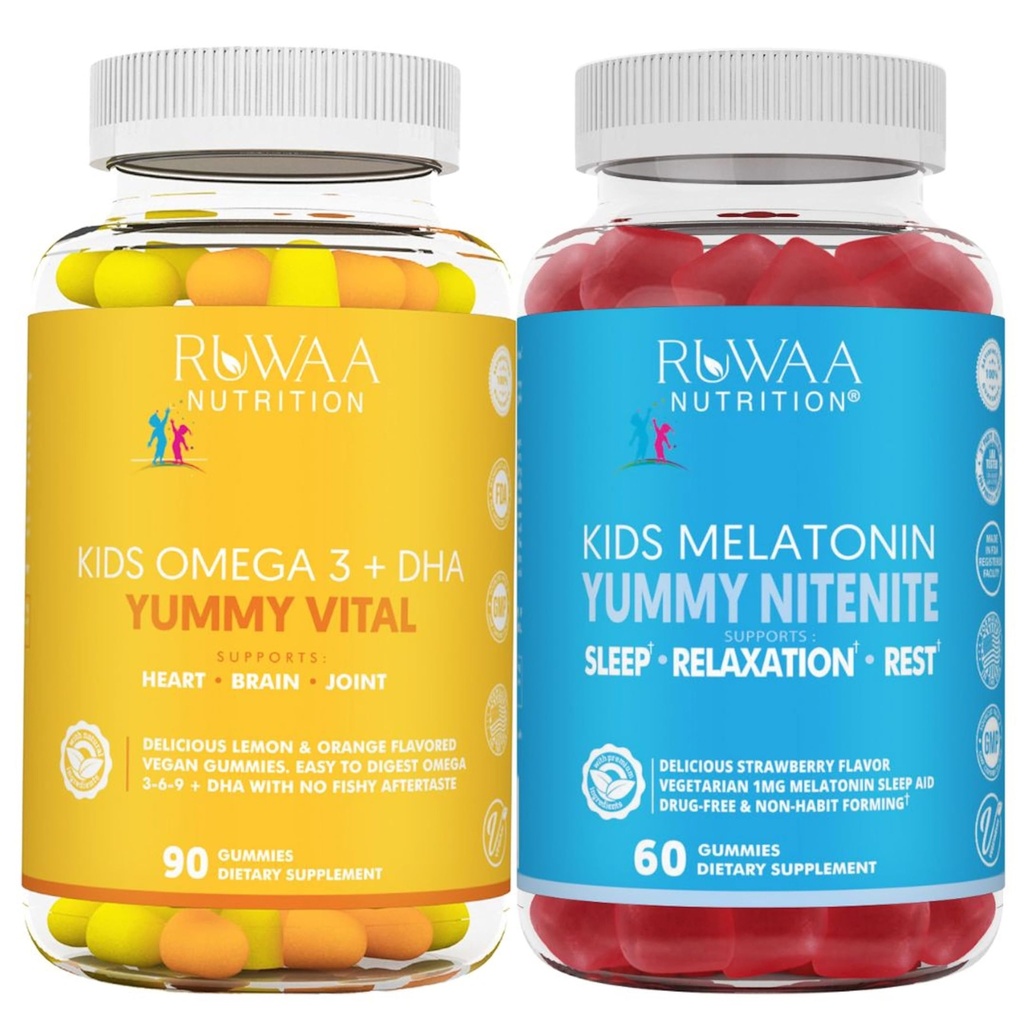 RUWAA NUTRITION אומגה 3 חניכיים, DHA חניכיים ו 1 מ"ג מלטונין חניכיים; No Fish, No After-Taste, non-Habit Forming, Gluten Free, non-GMO, Made in USA.