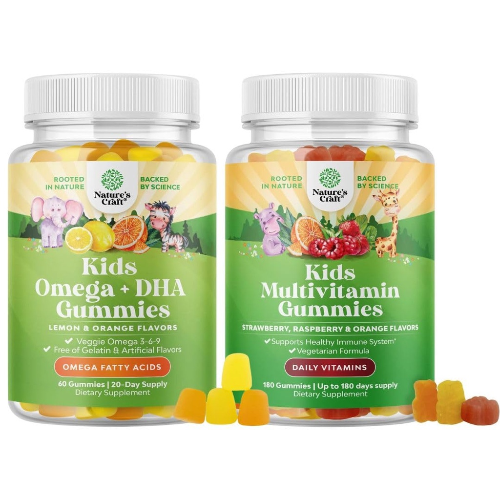 Bundle של ילדים DHA אומגה 3 חניכיים - Fatty Acids אומגה 3 6 9 עבור המוח, כוח החיסון וחזון צמחי מבוסס ילדים Multivitamin חניכיים עם ויטמין A C D3 E B ו- Zinc for Immunity תמיכה תמיכה