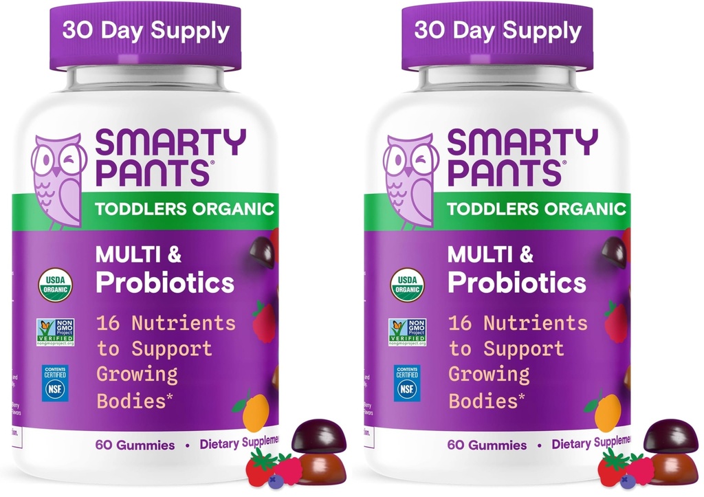 SmartyPants Organic Toddler Multivitamin Gummies: Probiotics,Omega 3 (ALA),Vitamin D3,C,Vitamin B12,B6,A,K & Zinc,Beta Carotene, gluten חינם, שלושה פירות פלצבורים, (30 יום אספקת), ספירה (Pack of 2) של 2).