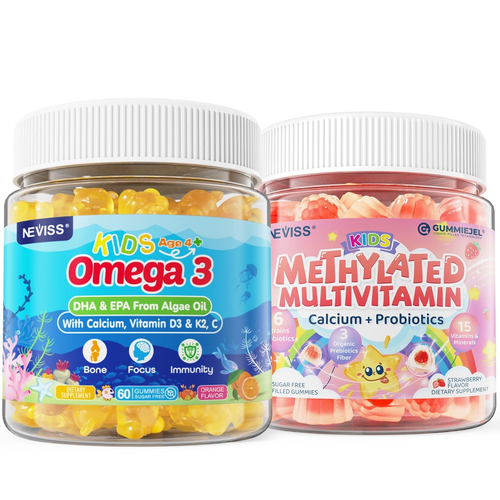 ילדים methylated Multivitamin חניכיים עם Calcium, פרוביוטיקה + אומגה 3 מסטיק עם ויטמין D3 & K2, C, DHA