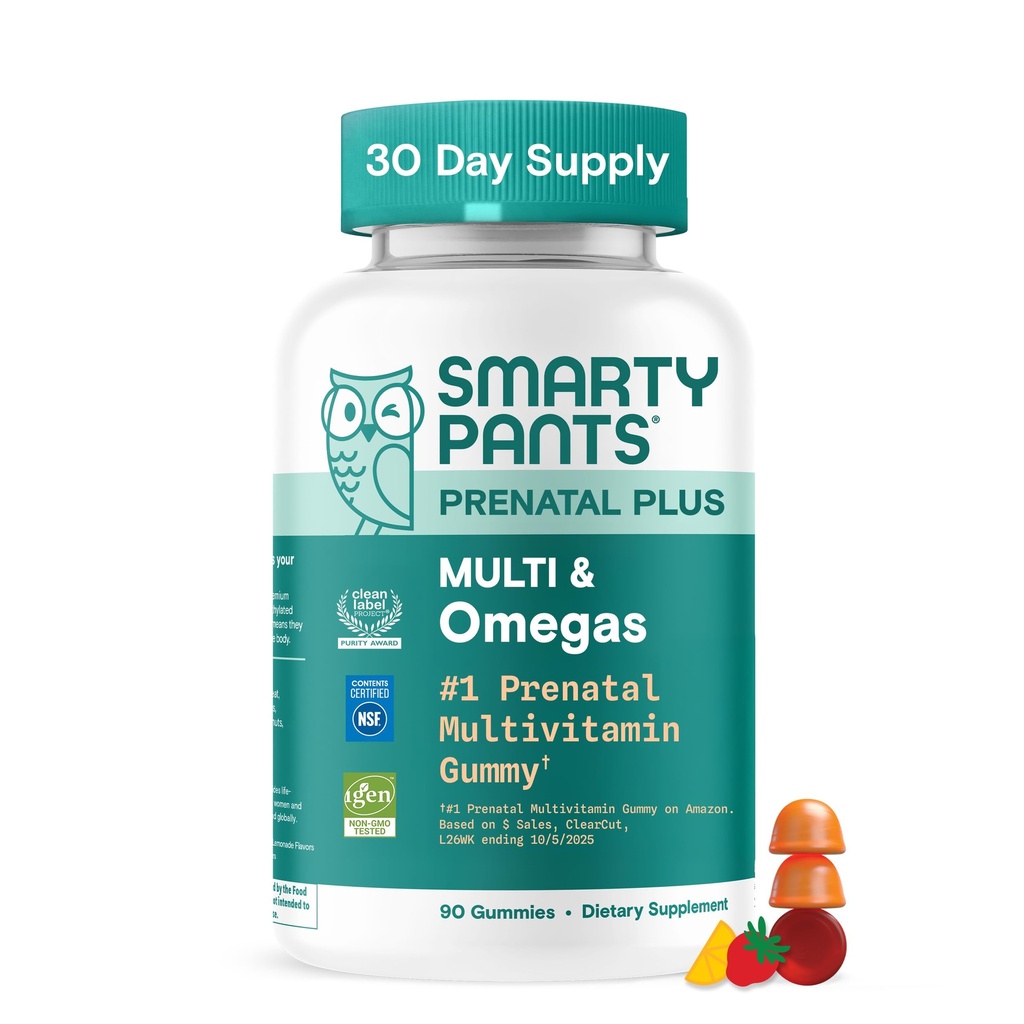 SmartyPants Prenatal Multivitamin Gummies עם אומגה 3 DHA / EPA, Methylfolate, ביוטין, ויטמין D3, C, B12, B6, A, K, ו Zinc, Gluten Free, תווית נקייה, שני פירות פלאמורים, 90 מסטיקים (30 יום אספקה)