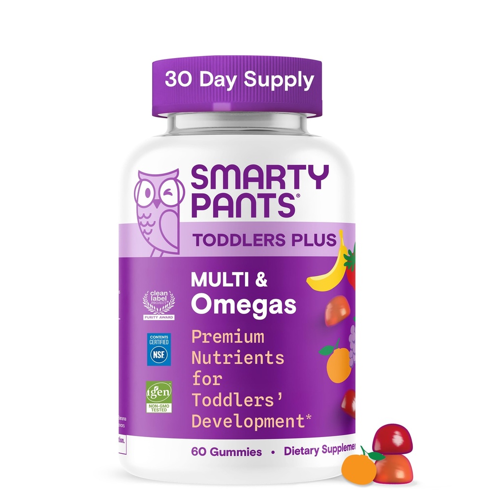SmartyPants Toddler Multivitamin Gummies, אומגה 3 (DHA / EPA), ויטמינים D3, C, ויטמין B12, B6, A, K & Zinc, Biotin, Gluten Free, Three Fruitors, 60 Count (30 יום אספקה)