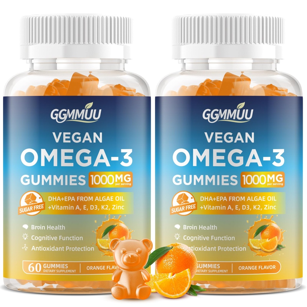 2 Pack Vegan אומגה 3 חניכיים 1000MG Algal Oil אומגה 3 תוספי למבוגרים עם Algae DHA 600 מ"ג ו EPA 300 מ"ג שמן אלטרנטיבי - עבור עין & Immune Health, Orange Flavor, הרוזן 120