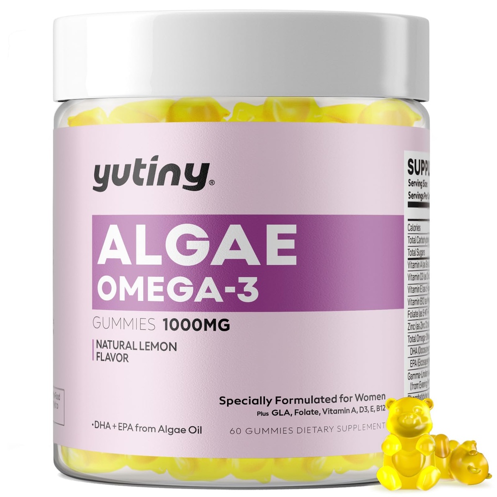 אומגה 3 חניכיים לנשים, Algae אומגה 3 1000 מ"ג תוספת עם DHA, EPA, GLA, ויטמין A, B12, Folate, Skin & Brain Health, Sugar Free, 60 Count