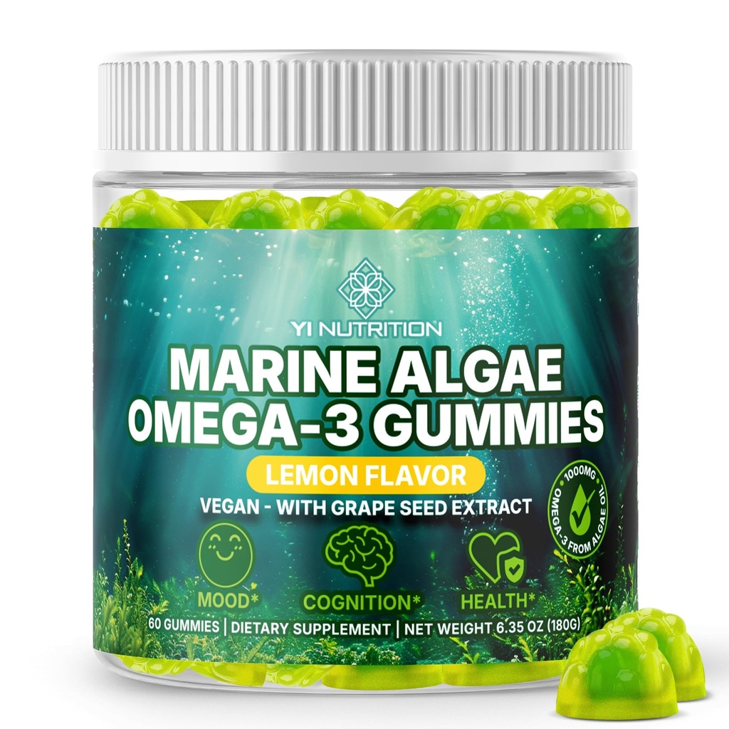 Marine Algae אומגה 3 Gummies עם 3400 מ"ג + | DHA / EPA /ALA, 20:1 Grape Seed Extractd Extractd Extract, ויטמין C & Folate | Heart, Brain & Skin