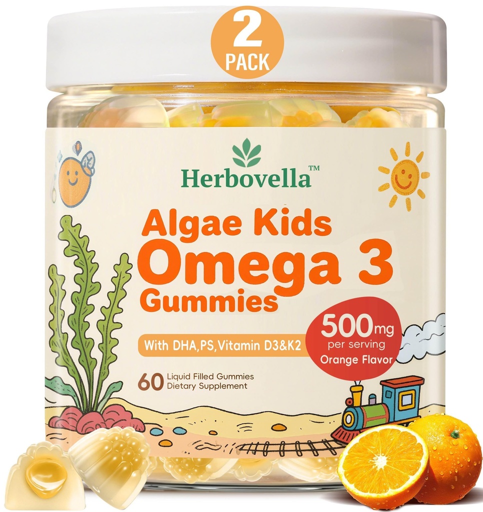 ילדים אומגה 3 חניכיים 2 Pack, טבעוני Algae DHA 420 מ"ג עם PS, ויטמין D3 K2, סוכר חינם, No Fish שמן, Brain & Focus תמיכה לילדים, 120 חניכיים