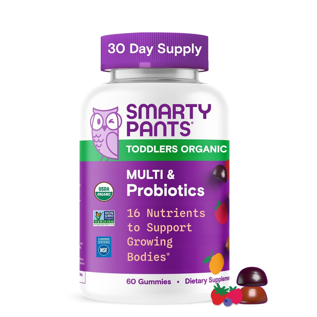 SmartyPants Organic Toddler Multivitamin Gummies: Probiotics, אומגה 3 (ALA), ויטמין D3, C, ויטמין B12, B6, A, K & Zinc, Beta Carotene, Gluten Free, Three Fruitors, 60 Count (30 יום אספקה)