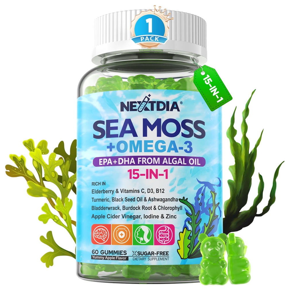 Sea Mosss Gummies + Algae אומגה 3 עבור נשים, ירוק חינם 15IN-1 אירי Seamos Superfood עם / EPA DHA, ויטמינים B12 D3, Turmeric, Elderberry, Burdock Root, תמיכה אנרגיה, המוח, Immune 1 Pack