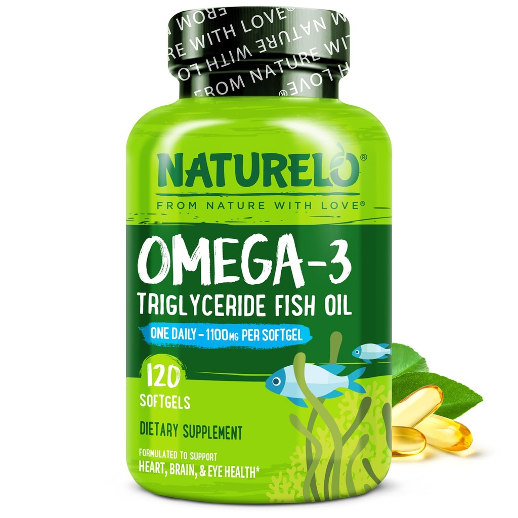 NATURELO Burpless אומגה 3 שמן דגים תוספת - 1100mg Triglyceride אומגה 3, EPA + DHA, שמן דגים נוזלי ללב, עין, המוח, בריאות משותפת - 120 Softgels, 4 חודשים אספקת מזון