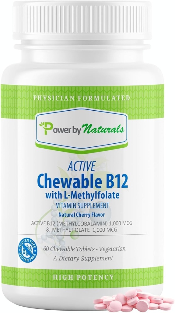 Power By Naturals Active Chewable Methylated B12 עם תוסף L-Methyl Folate עבור נשים וגברים, Cherry Flavor, 60 טבליות