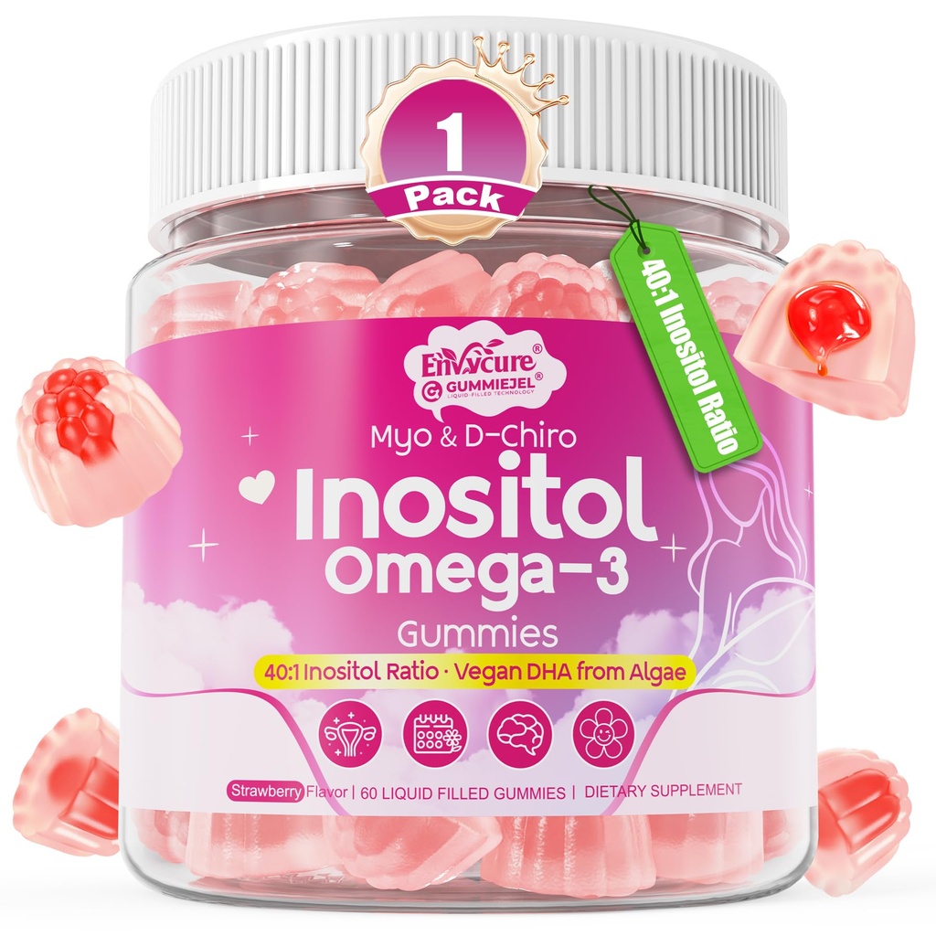 Myo-Inositol & D-Chiro אידיאלי 40:1, Inositol + אומגה 3(3:1) חניכיים, איזון הורמונלי עבור נשים | סוכר חינם Inositol חניכיים w/Omega 3 DHA:EPA (3:1), Inositol תוסף עבור מחזור בריאות, טבעוני 60 Ct