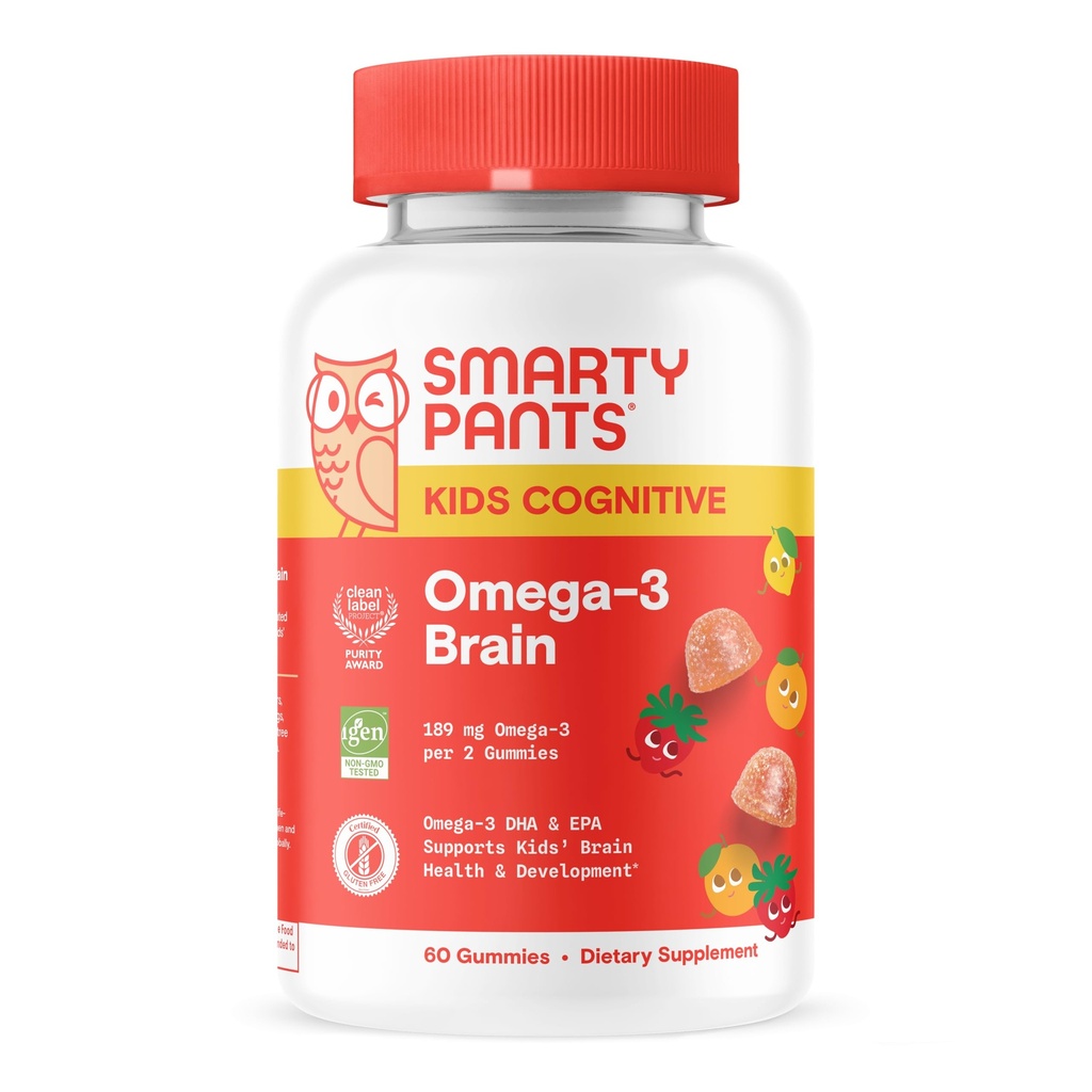 SmartyPants Kids ויטמינים Cognitive אומגה 3 Brain Gummies with DHA & EPA, Citrus Strawberry, 60 Count (30 Day Supply)