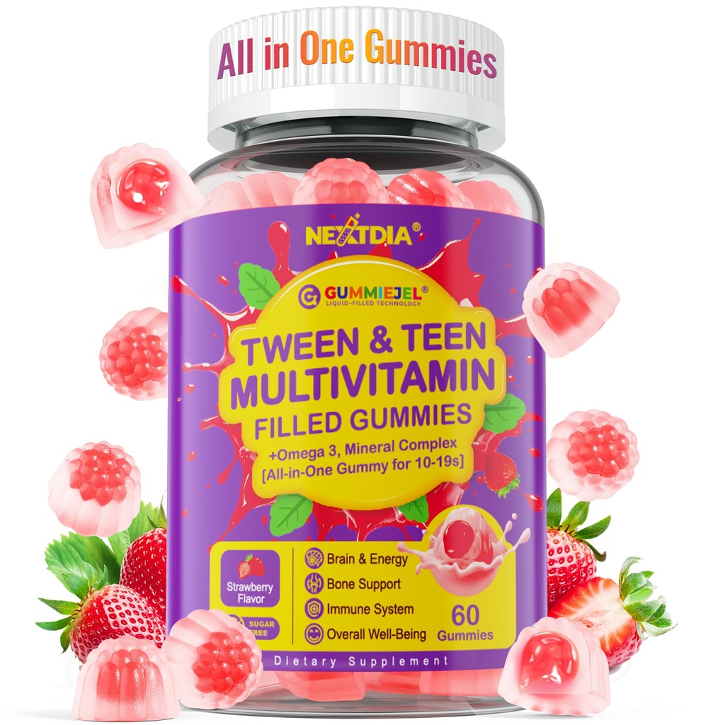 Nextdia Multivitamin Filled Gummies for Teen Boys 12-17, 18, 19 ילדים 10+ Multivitamin עם אומגה 3, Calcium + Magnesium + Zinc, Multi-Minerals for Adolescent 10-19S המוח, העצם, אנרגיה, Immune, Immune