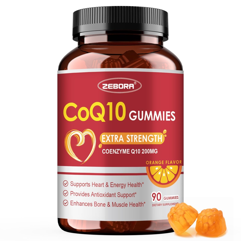 ZEBORA CoQ10 200 מ"ג חניכיים, תכונות גבוהות Coenzyme Q10 תוספי אומגה 3, Heart & Energy Support, Powerful Antioxidant, Orange Flavor, 90 חניכיים