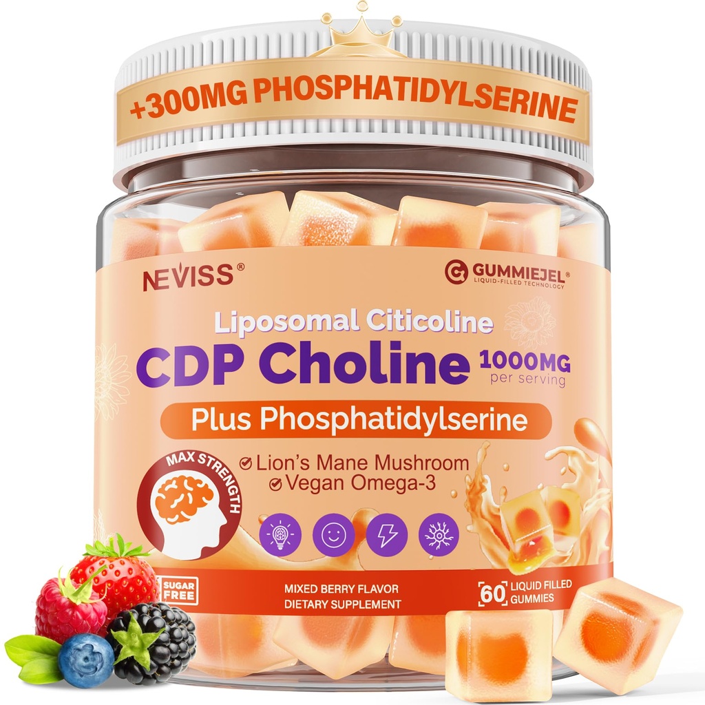 Citicoline 1000mg & Phosphatidylserine 300 מ"ג תוספי CDP Choline Gummies, Brain Supplement for Memory and Focus w / Lion's Mane Mushroom, אומגה 3, Methylfolate, B6 & B12, non-GMO, Sugar חינם, 60ct