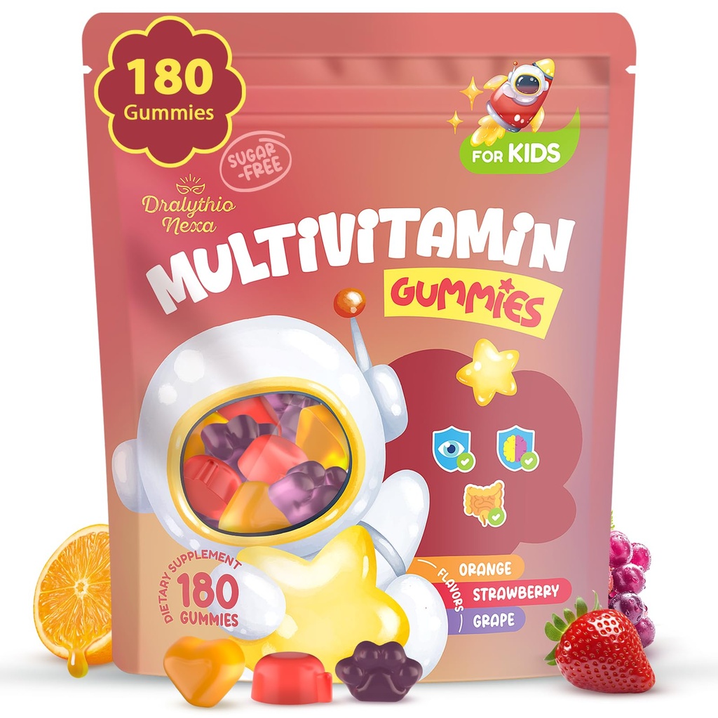 Kids Multivitamin Gummies 180 Count - Eye, Brain & Gut תמיכה - ויטמינים ללא סוכר לילדים - עם Lutein, אומגה 3 DHA & Prebiotics - 3 פירות - ימים 2 + +
