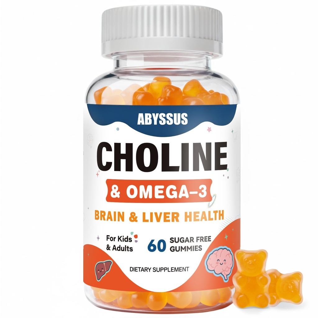 ABYSSUS Choline Gummies for Kids & Adults, Sugar Free Choline Bitartrate תוספים עם Algal אומגה 3 DHA EPA & Active B6 B12, Brain & Liver Support, טבעוני, הרוזן 60