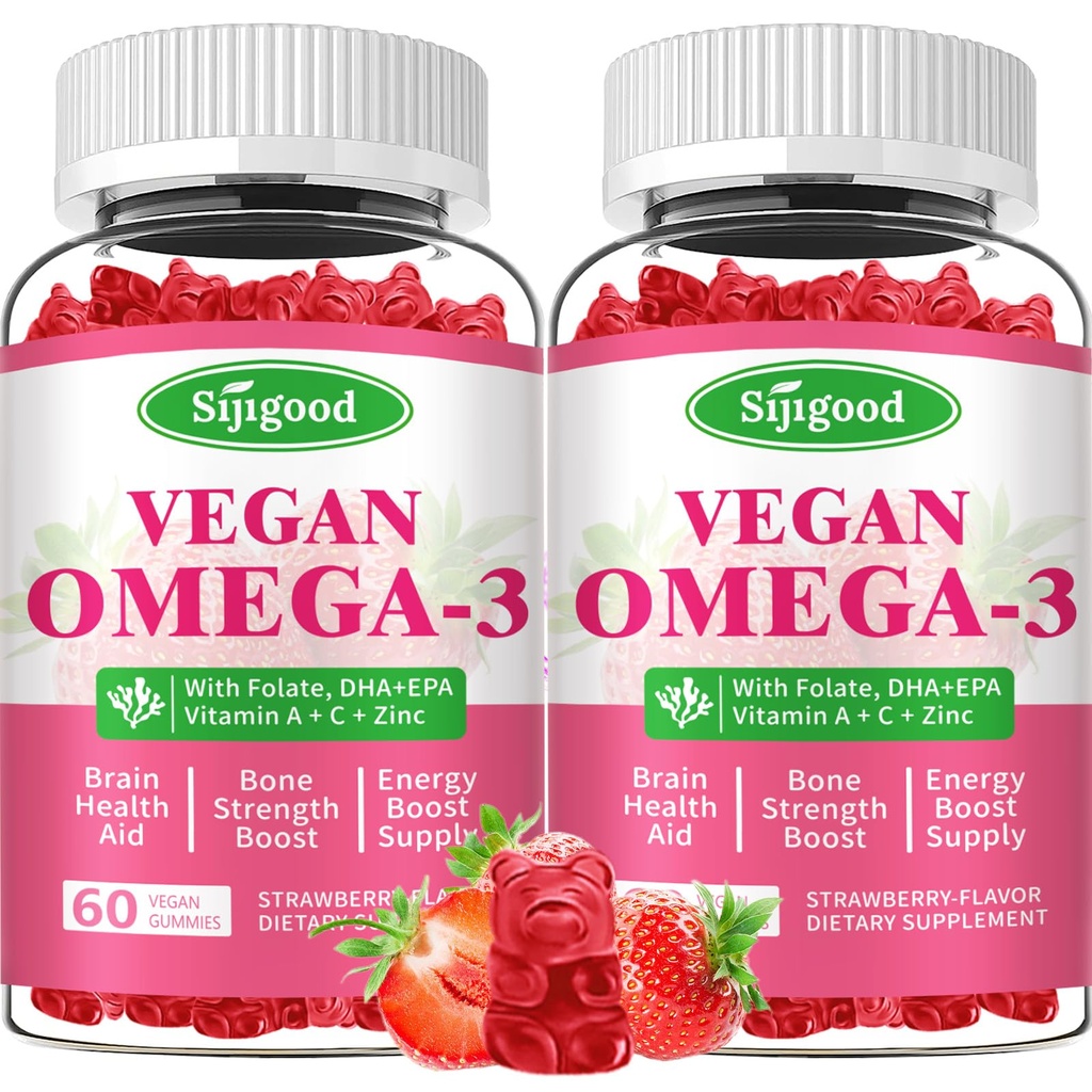 אומגה 3 מסטיקנים פוטנט אלגה מקור אומגה, Boost Brain, Eye & Immune Function, with DHA ו EPA & Sugar Free, Strawberry Flavor, 120 Count Count