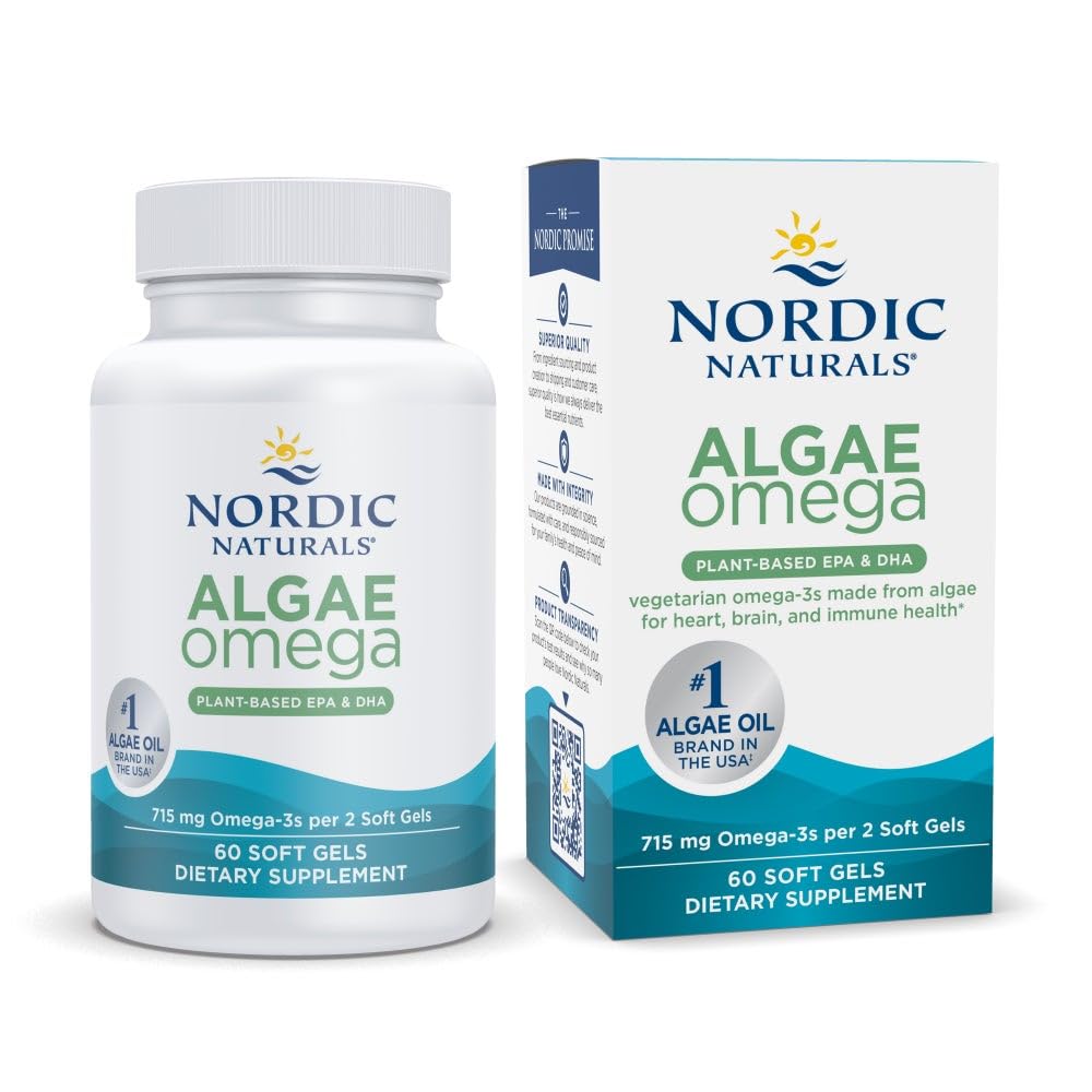 Nordic Naturals Algae אומגה - 60 Soft Gels - 715 מ"ג אומגה 3 - שמן Algae טבעוני מוסמך - צמח מבוסס EPA & DHA - לב, עין, Immune & Brain Health - Non-GMO - 30 משרתים