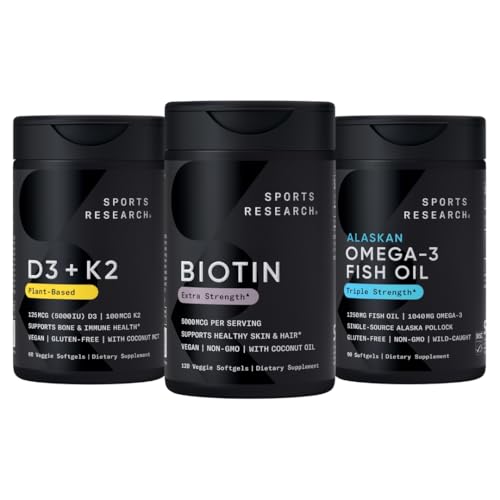 מחקר ספורט ® Healthy Hair Pack - Biotin 5,000mcg עם שמן קוקוס אורגני + ויטמין D 5000o & Mk7 ויטמין K 100mcg + אומגה 3 דגים שמן 1250 1250