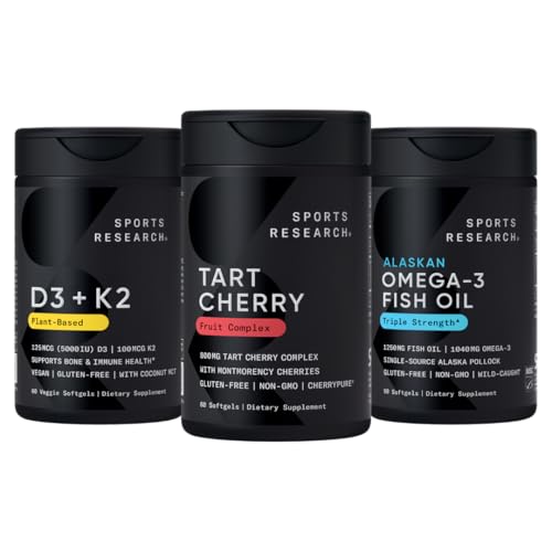 מחקר ספורט ® Multivitamin Pack w/CherryPure® Tart Cherry Fruit Complex 800 מ"ג, ויטמין D3 5000iu + K2 100mcg, ואלסקה אומגה 3 שמן 1250 מ"ג - non-GMO) סוכר ללא תשלום