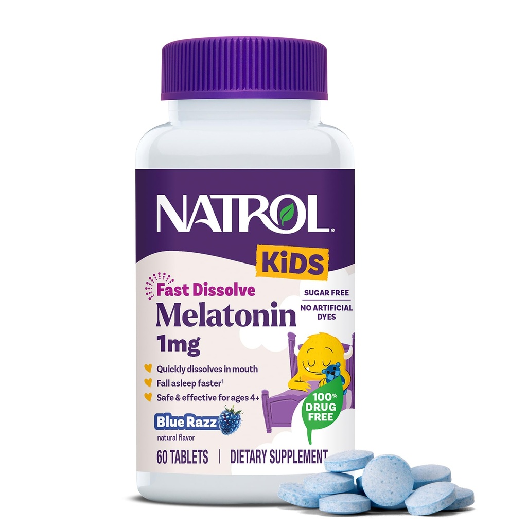 נטלו ילדים במהירות dissolve Melatonin 1 מ"ג, תוספת תזונתית לשינה שקטה, לוחות שינה לילדים, 60 ללא סוכר כחול-Razz-Flavored מלטונין טבליות, 60 יום אספקה