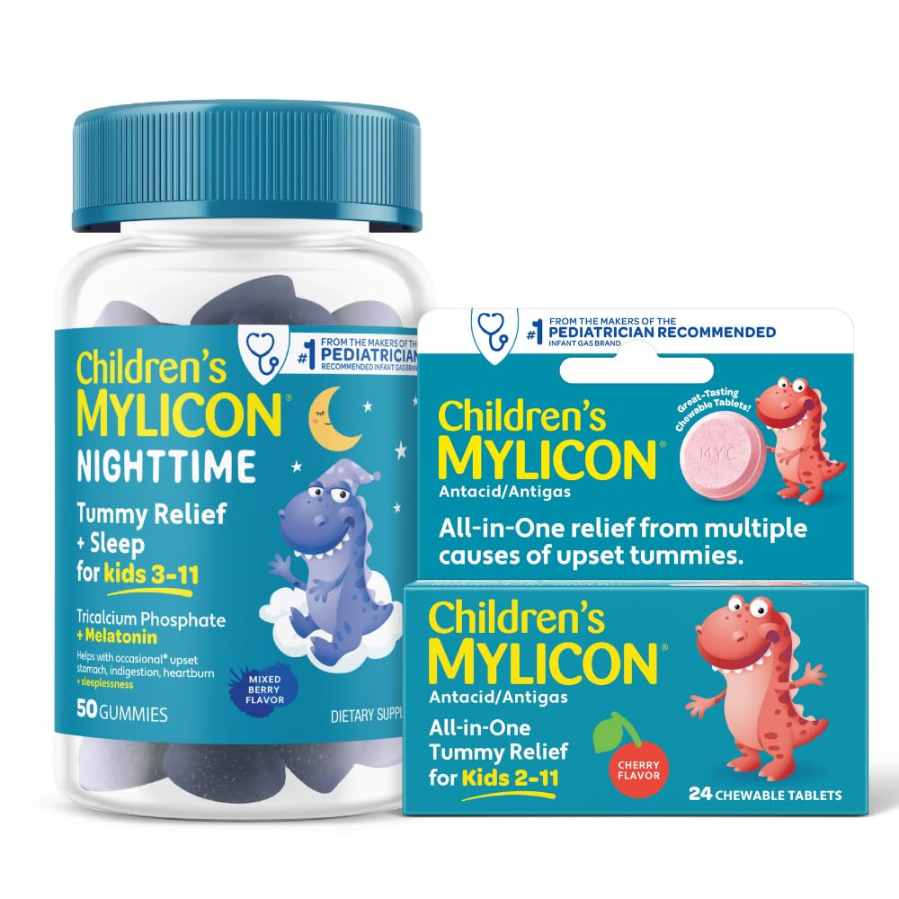 MyLICON Tummy Relief for Kids Bundle, Daytime Tummy Relief Tablets + Nighttime Gummies with Melatoninin