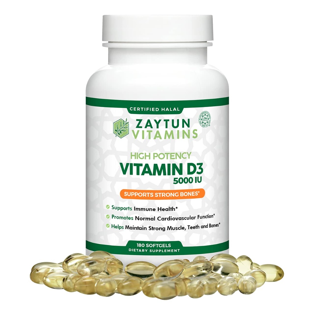 Zaytun Halal ויטמין D3 5000 IU, 180 מיני Softgels, תומך עצמות, תפקוד שרירים בריא ו Immune, Premium D מ שמן ספאפיר, 6 חודשים אספקת, non-GMO, Gluten-Free, Made בארה"ב