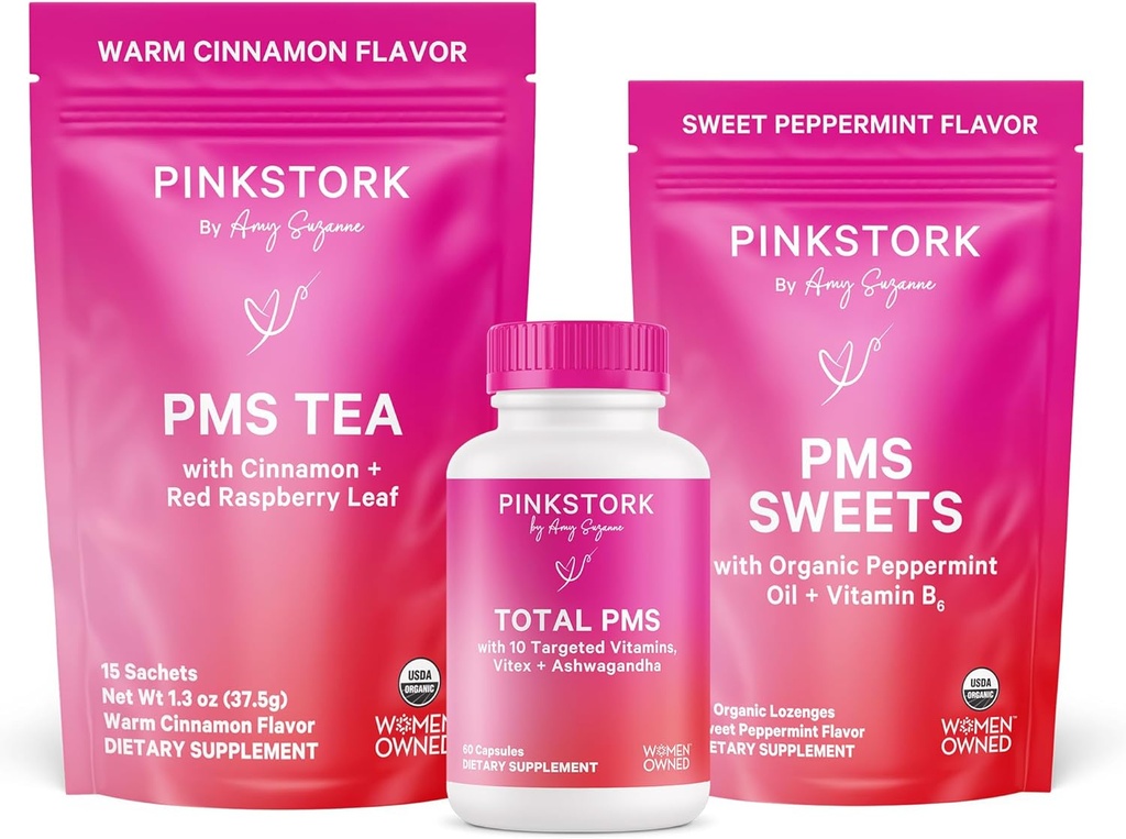 Pink Stork PMS תומך שלישיית: תוספי סיוע תקופתיים, Cinnamon Tea, + Peppermint Sweets, Menstrual Support, First period Kit, Harmon Balance for Healthy Menstrual Cycle, Women-Owned