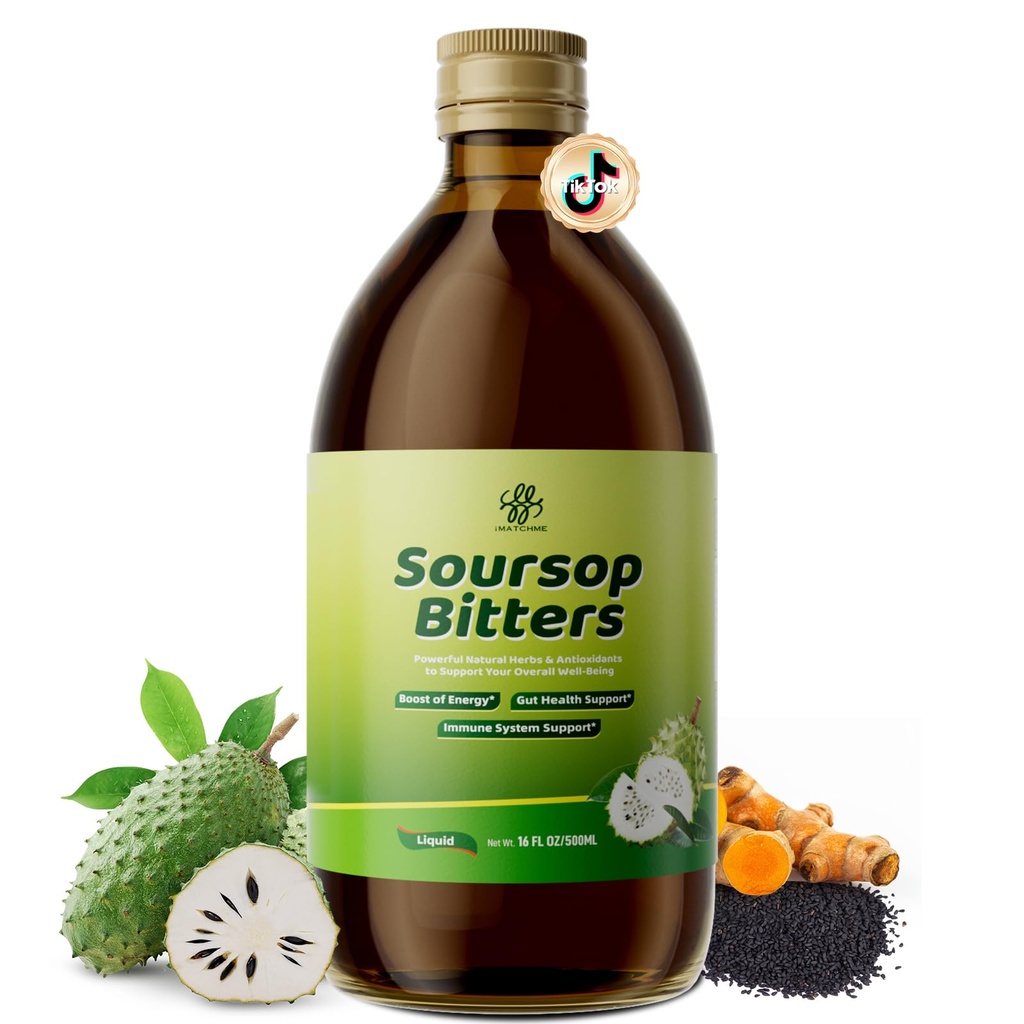 Soursop Bitters נוזלי לבריאות העיכול,Gut Detox & Cleanse, Antioxidant, Immune Support,Skin Health-Pure 15 Herb Guanabana Tea with Black Seed, Moringa & Turmeric,98% גבוה Absorption, non-GMO 16 oz