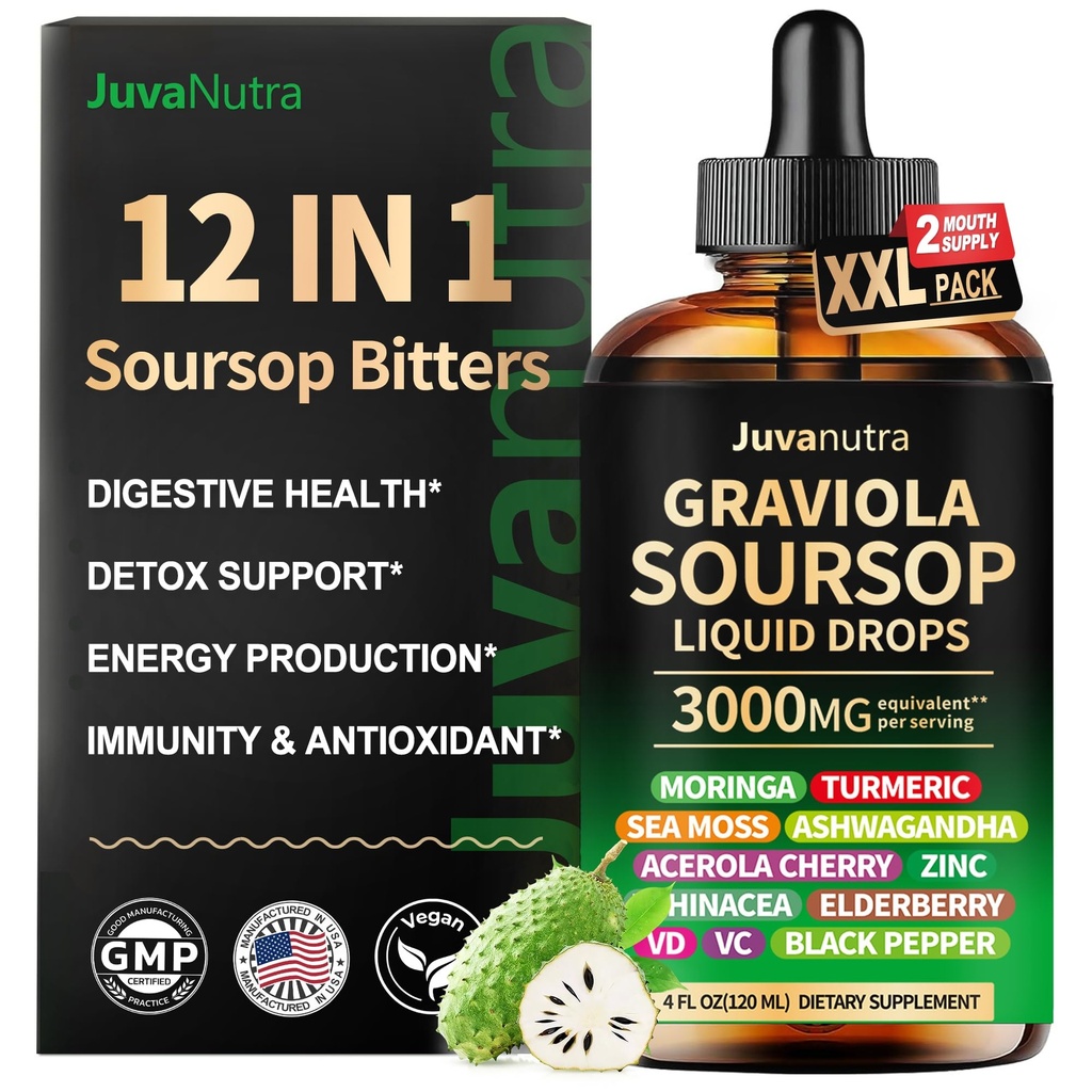 (Fl Oz) Soursop Bitters נוזל טיפות 12 ב 1 עם Sea Moss, Moringa, Turmeric, Echinacea & Ashwagandha לחלץ - Herbal Tonic for Digestive Wellness & Immune Support