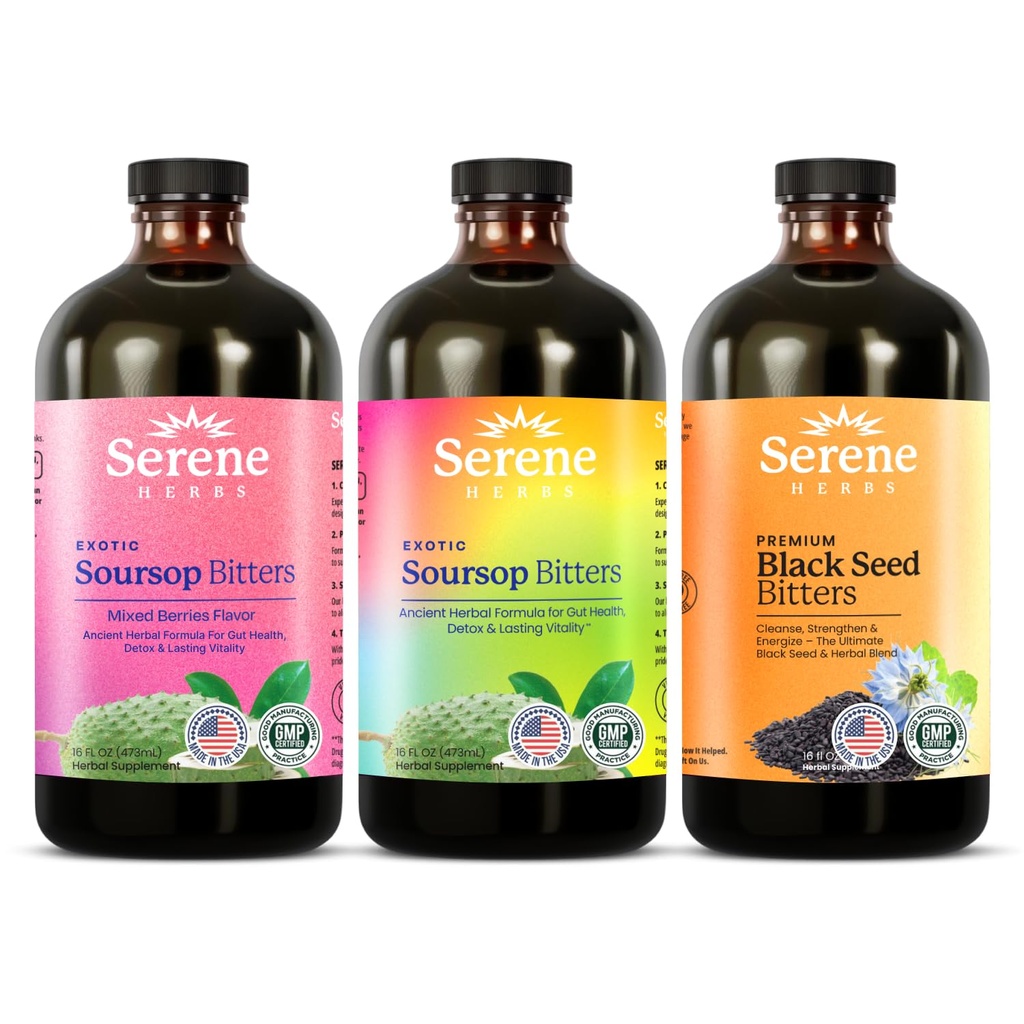 Serene Herbs Soursop Bitters נוזל, ברדס & Black Seed Triple Bundle - אורגני Herbal Guanabana for Digestive Support & Immune Health - טבעוני, Non-GMO - 48 oz (16 oz כל אחד), 3 Pack