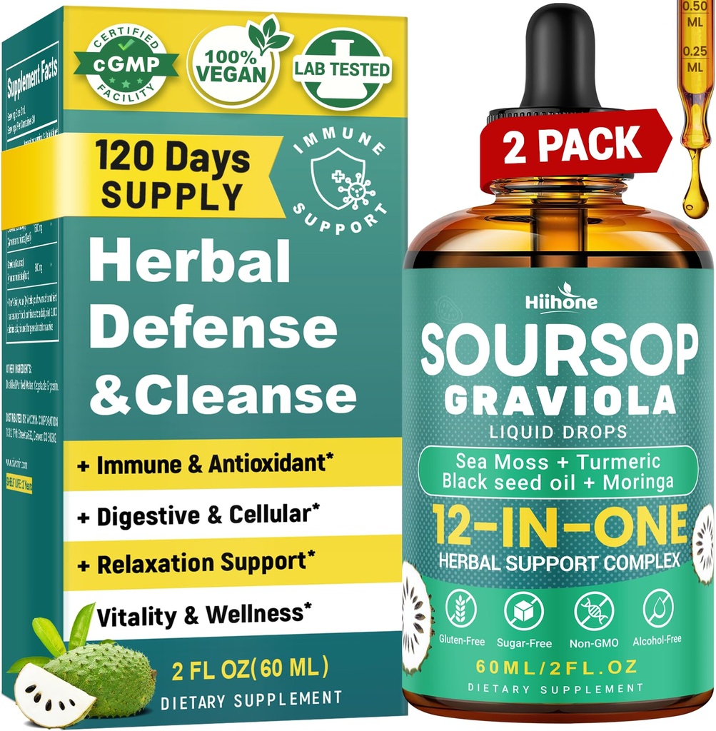 HIIHONE (2 Pack) 12-in-1 Soursop Bitters נוזל טיפות עם Sea Mossss, Black Seed שמן, Moringa for Cell Support & Regeneration, Immunity, Liver, Gut & Antioxidant - 2 Fl Oz Oz Oz Oz