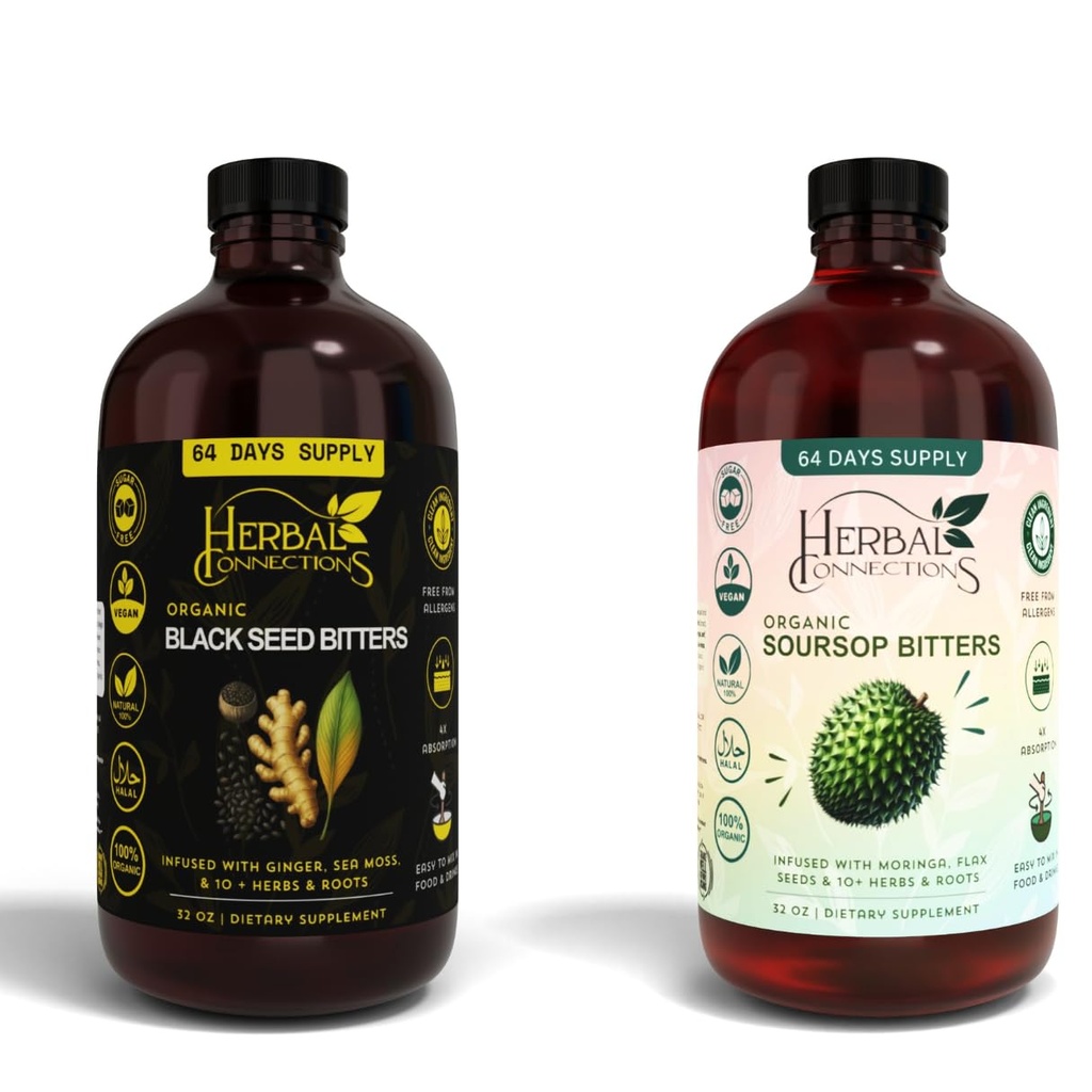 Black Seed & Soursop Bitters Bundle - 2 x 32 oz בקבוקים - 64 ימים אספקה - טבעוני צמחי מרפא טוניק עבור בריאות אקסיביה ו-כלל בריאות - No Sugar, Made in USA.
