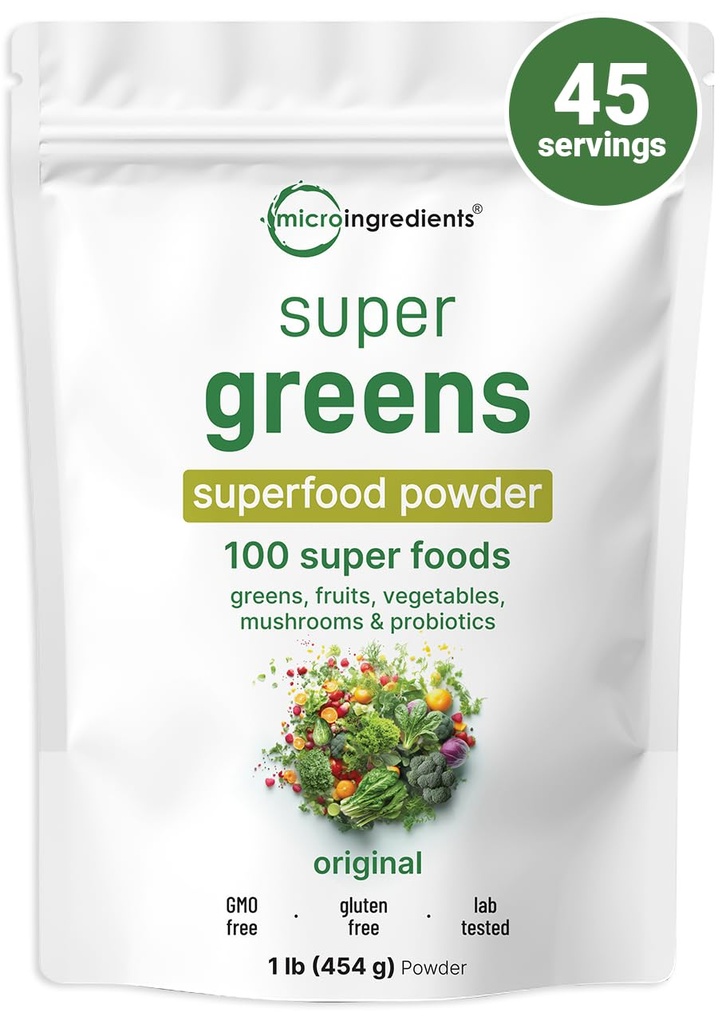 Micro Ingredients Super Greens אבקת, 1lb | 100 Superfood Band with Daily Greens, פירות, ירקות, Mushrooms & Probiotics | מקור של חלבון טבעוני & Enzy | Non-GMO, Gluten-Free, Noitives