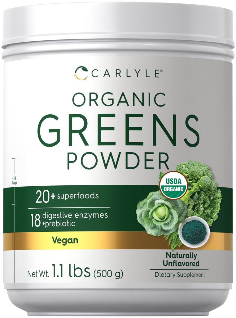 Karlyle Organic Greens אבקת | 17.6oz תוסף | Relieves Occasional Gas, אי נוחות ו- Bloating | עם 20+ Superfoods, 18 Enzymes, ו-Prebiotics | טבעוני, non-GMO ו- Gluten Freeten Free Free Free