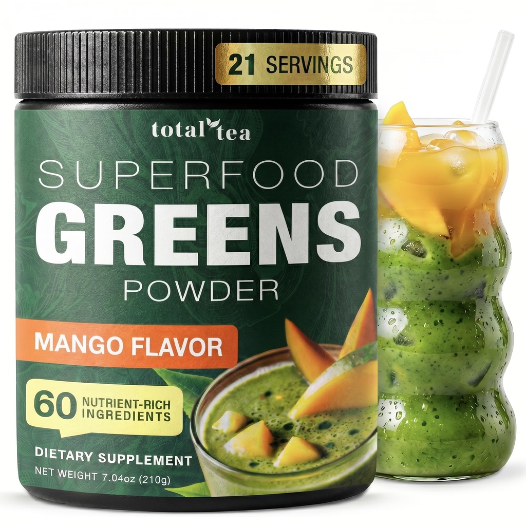 Total Tea Super Greens אבקת תוסף, ירוק, פירות, ירקות, משקאות טבעוניים עם Spirulina, Chlorella וויטמינים 25 משרתים מנגו - מנגו -