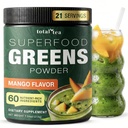 Total Tea Super Greens אבקת תוסף, ירוק, פירות, ירקות, משקאות טבעוניים עם Spirulina, Chlorella וויטמינים 25 משרתים מנגו - מנגו -