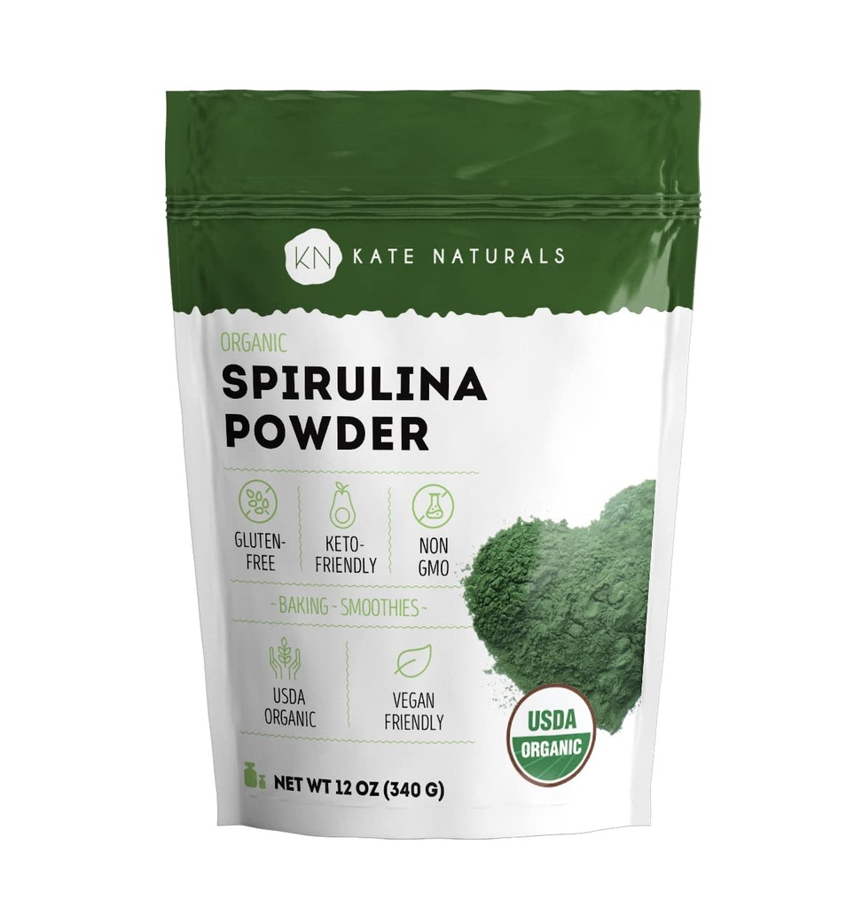קייט Naturals Organic Spirulina תוספי מזון מזינים Dense Superfood (12 oz, USDA Certified, non-GMO, Gluten- Free)