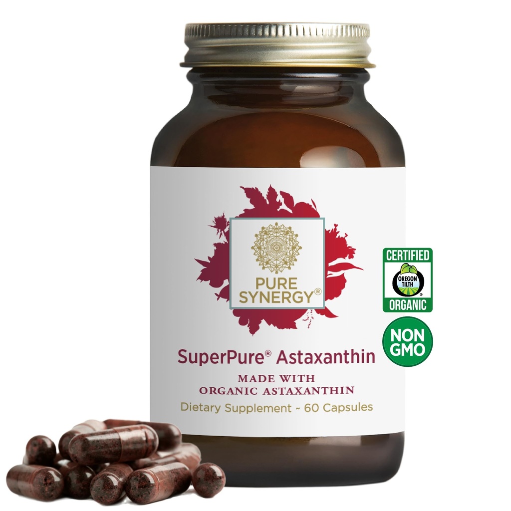 PURE SYNERGY SuperPure Astaxanthin Extract; אורגני Astaxanthin מ Algae עם Sunflower Lecithin | תמיכה אנטי-חמצן לבריאות העור והעין (60 קפסולות)