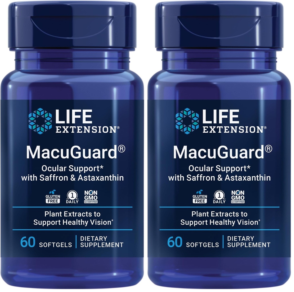 Life Extension MacuGuard Ocular Support with Saffron & Astaxanthin - תוספי בריאות העין עבור חזון בריא - עם Lutein, zeaxanthin, Meso-zeaxanthin - Gluten-Free, non-GMO - 60 רכות גלגל