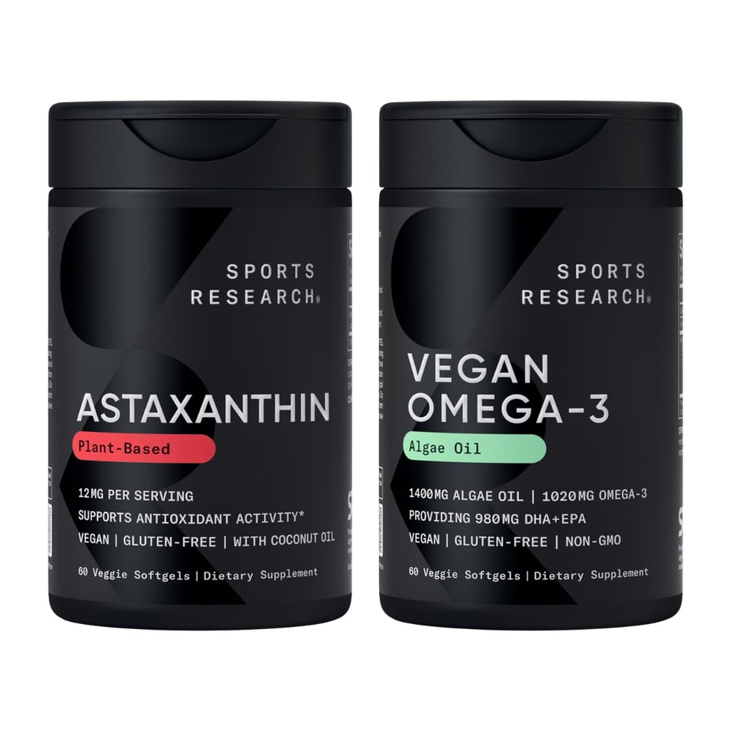 מחקר ספורט ® Vegan Antioxidant Support Pack - אומגה 3 Algae Oil וצמח מבוסס Astaxanthin Softgels for Antioxidant Activity, Skin & Eye Health (60 Veggie Softgels Every)