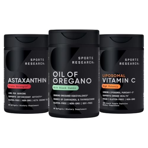 ספורט מחקר ® Antioxidant Support Pack - שמן Oregano 9500 מ"ג + Triple Power Astaxanthin 12mg + Liposomal ויטמין C 1000 מ"ג