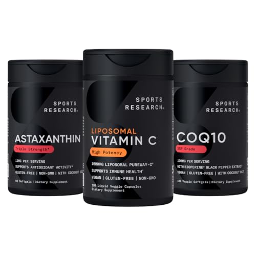 ספורט מחקר ® Antioxidant Support Pack - High Potency Liposomal ויטמין C תוסף 1000 מ"ג + Coenzyme Q10 100 מ"ג + Triple Power Astaxanthin 12 מ"ג W / Organic קוקוס שמן קוקוס