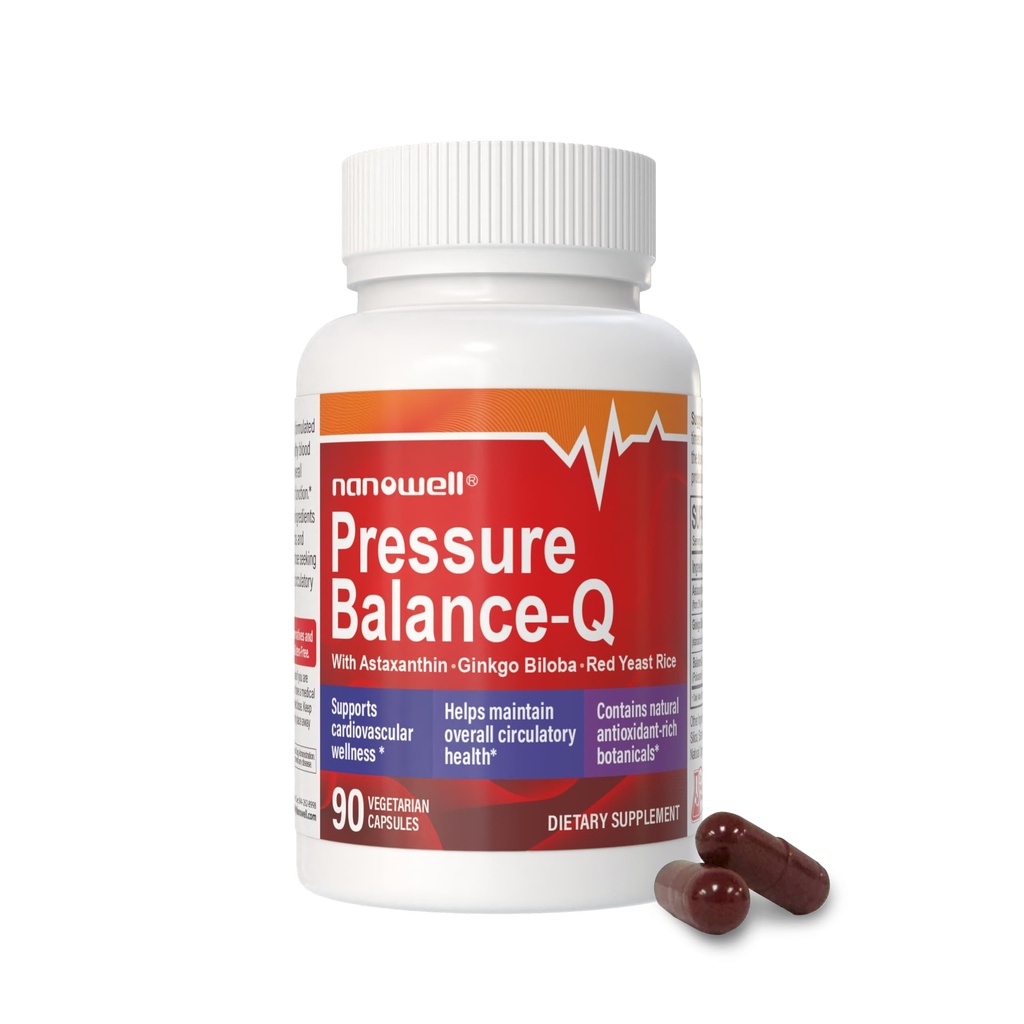 NANOOD® Stress Balance-Q | Antioxidant Formula with Natural non-GMO Astaxanthin 12 מ"ג לקאפסולה, ג'ינקגו בילובה, Policosanol, Red Yeast Rice, and Rosemary Extracted