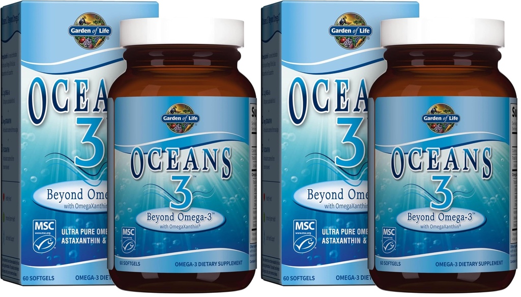 גן החיים Oceans 3 Beyond אומגה 3 עם אומגה Xanthin, EPA, DHA תוספים, שמן דגים עם 1200 מ"ג אומגה 3, Astaxanthin & Brown Seaweed Extract - 60 Softgels, (Pack of 2)