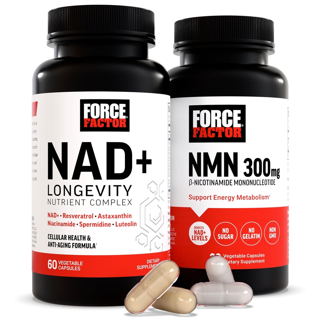 תוסף Force Factor NMN, NAD+ (NMN או Nicotinamide Riboside Alternative) עם Resveratrol, Astaxanthin, Soulidine & Luteolin Complex, NAD לתמיכה ב- Cell & Health Aging, 60 קפסולות