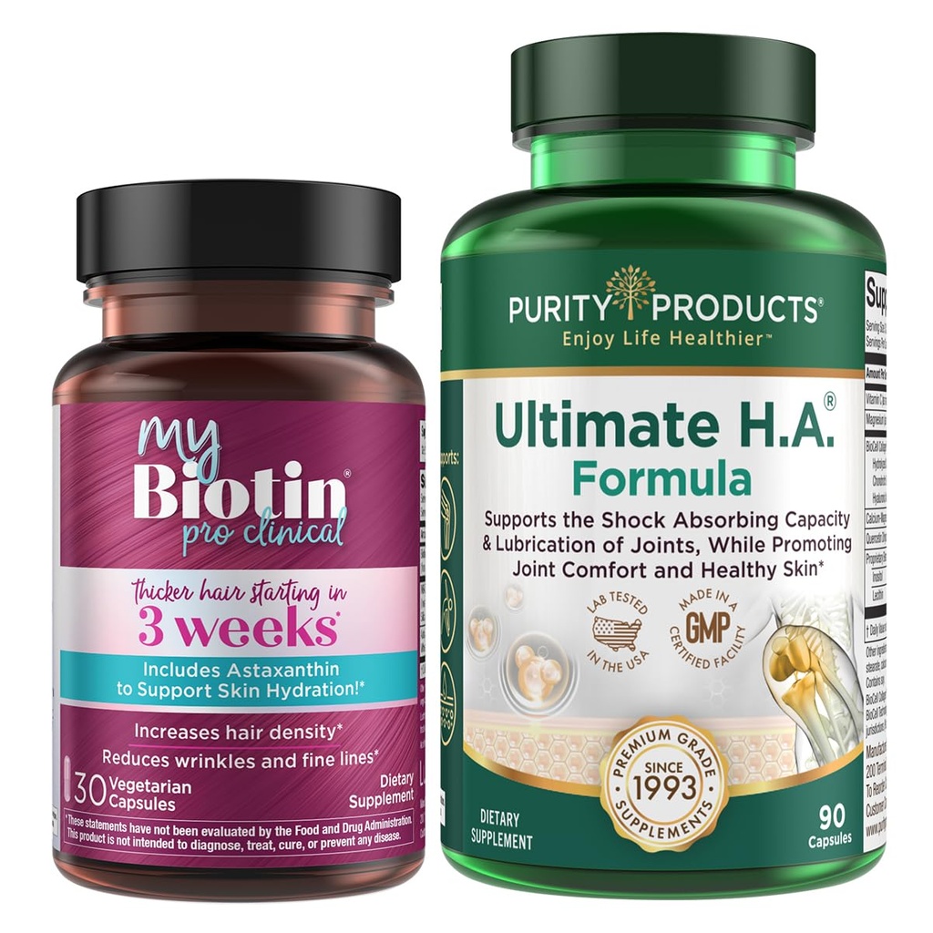 מוצרי Purity Bundle - MyBiotin ProClinical + Ultimate H.A MyBiotin ProClinical (Biotin, MB40X Matrix, Astaxanthin) - Ultimate H.A. (BioCell Collagen, Quercetin, Hyaluronic Acid +more)