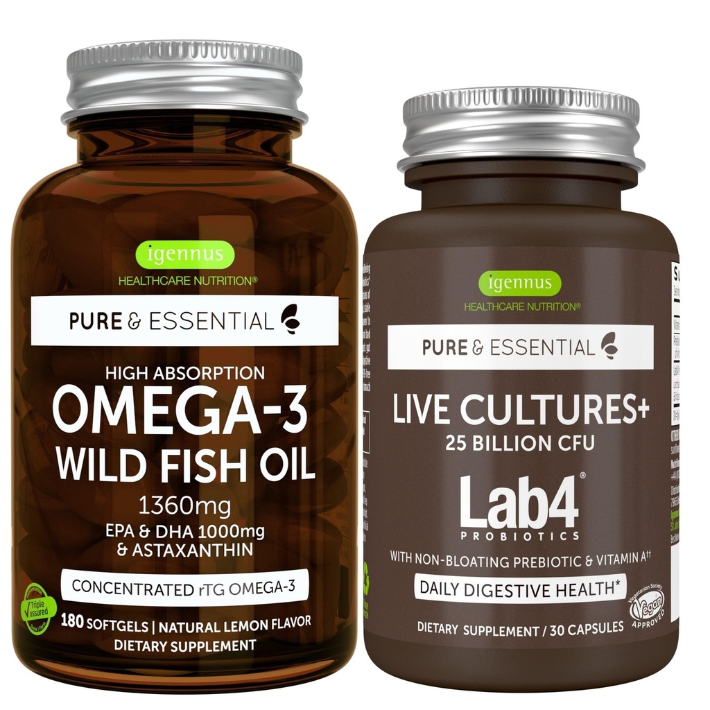 אומגה 3 Wild Fish Oil 1360mg + Live Cultures+ Lab4 Probiotics Bundle, 1000 מ"ג EPA & DHA עם Astaxanthin + 25 מיליארד CFU Lactobacillus Acidophilus & Bifido חיידק